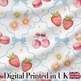 Strawberry Cherry Daisy Floral Bow Sweet Dessert   Soft Blue Outline Background Digital Print Fabric by the Metre UK Sewing Quilting Textile