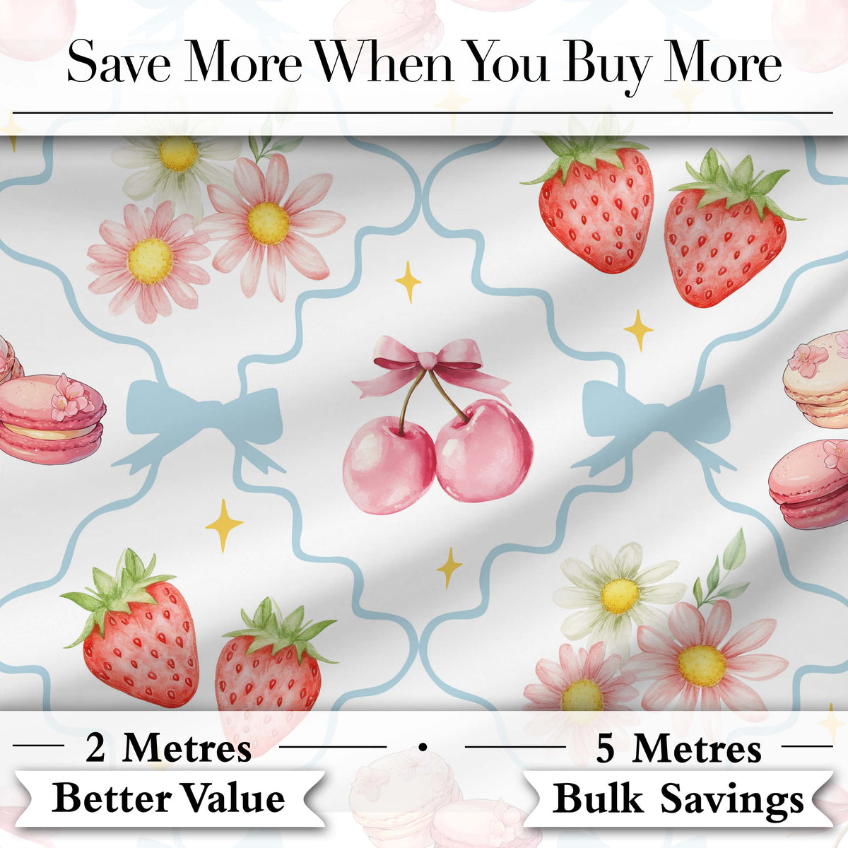 Strawberry Cherry Daisy Floral Bow Sweet Dessert   Soft Blue Outline Background Digital Print Fabric by the Metre UK Sewing Quilting Textile
