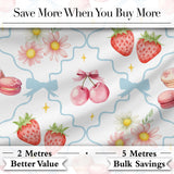 Strawberry Cherry Daisy Floral Bow Sweet Dessert   Soft Blue Outline Background Digital Print Fabric by the Metre UK Sewing Quilting Textile