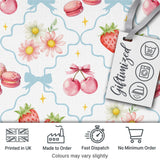 Strawberry Cherry Daisy Floral Bow Sweet Dessert   Soft Blue Outline Background Digital Print Fabric by the Metre UK Sewing Quilting Textile