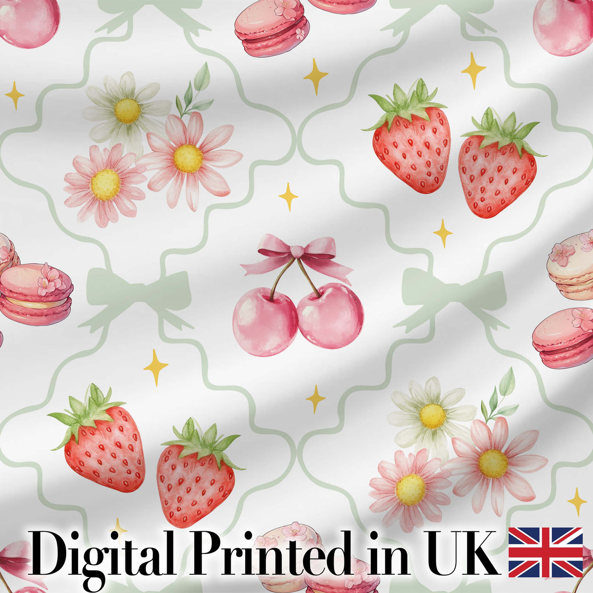 Strawberry Cherry Daisy Floral Bow Sweet Dessert Sage Green Outline Background Digital Print Fabric by the Metre UK Sewing Quilting Textile
