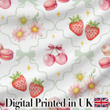Strawberry Cherry Daisy Floral Bow Sweet Dessert Sage Green Outline Background Digital Print Fabric by the Metre UK Sewing Quilting Textile