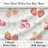 Strawberry Cherry Daisy Floral Bow Sweet Dessert Sage Green Outline Background Digital Print Fabric by the Metre UK Sewing Quilting Textile