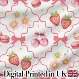 Strawberry Cherry Daisy Floral Bow Sweet Dessert Coral Red Outline Background Digital Print Fabric by the Metre UK Sewing Quilting Textile