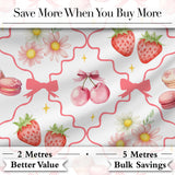 Strawberry Cherry Daisy Floral Bow Sweet Dessert Coral Red Outline Background Digital Print Fabric by the Metre UK Sewing Quilting Textile