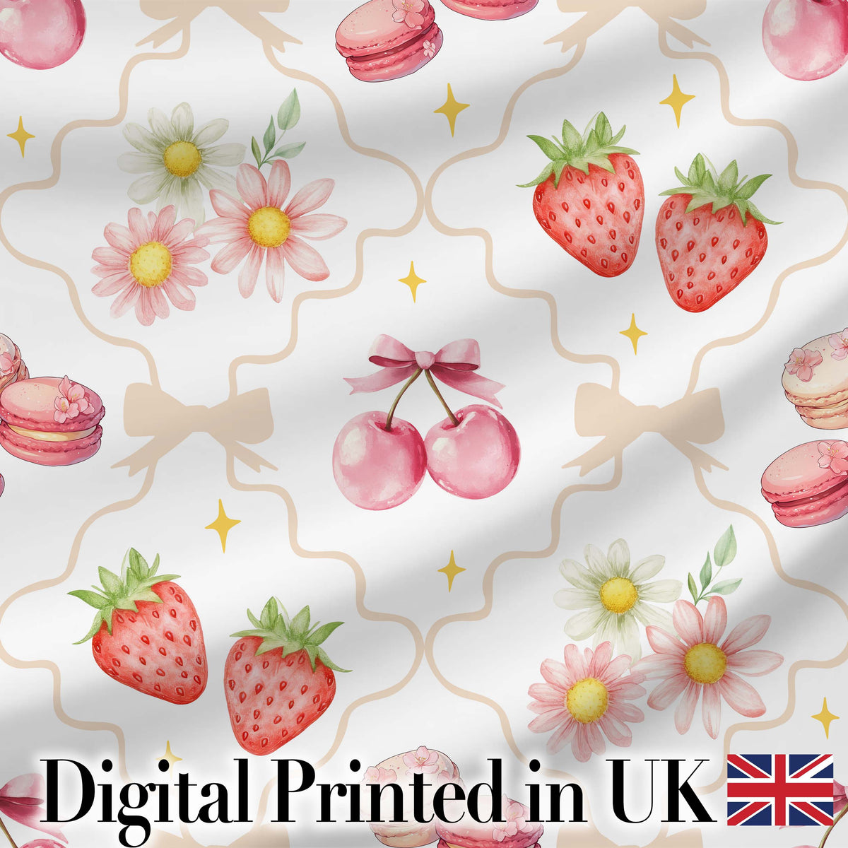 Strawberry Cherry Daisy Floral Bow Sweet Dessert  Warm Beige Outline Background Digital Print Fabric by the Metre UK Sewing Quilting Textile