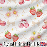 Strawberry Cherry Daisy Floral Bow Sweet Dessert  Warm Beige Outline Background Digital Print Fabric by the Metre UK Sewing Quilting Textile