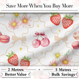 Strawberry Cherry Daisy Floral Bow Sweet Dessert  Warm Beige Outline Background Digital Print Fabric by the Metre UK Sewing Quilting Textile