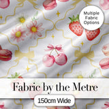 Strawberry Cherry Daisy Floral Bow Sweet Dessert Yellow Outline Background Digital Print Fabric by the Metre UK Sewing Quilting Textile