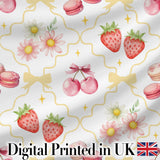 Strawberry Cherry Daisy Floral Bow Sweet Dessert Yellow Outline Background Digital Print Fabric by the Metre UK Sewing Quilting Textile