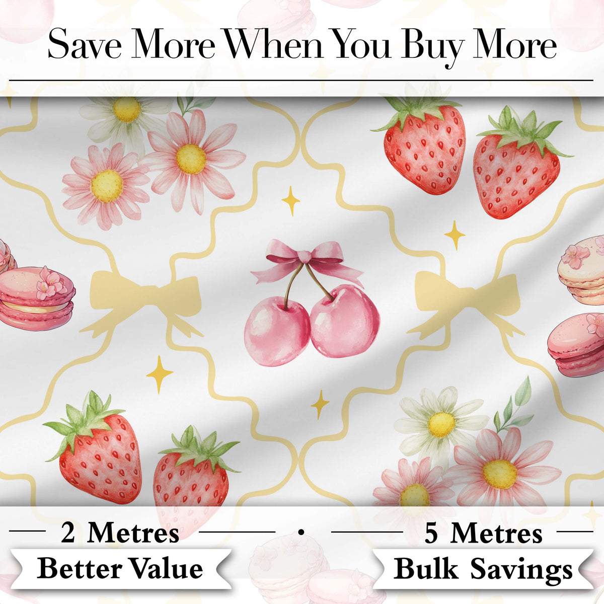 Strawberry Cherry Daisy Floral Bow Sweet Dessert Yellow Outline Background Digital Print Fabric by the Metre UK Sewing Quilting Textile