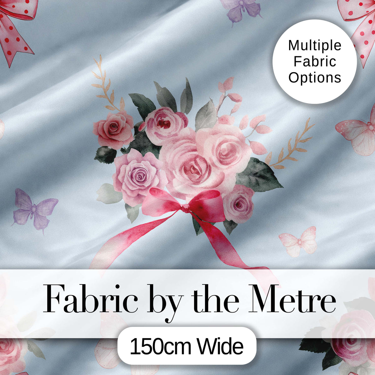 Elegant Watercolor Rose Bouquet Ribbon Butterfly Soft Blue Background  Pattern Digital Print Fabric by the Metre UK Sewing Quilting Textile