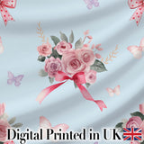 Elegant Watercolor Rose Bouquet Ribbon Butterfly Soft Blue Background  Pattern Digital Print Fabric by the Metre UK Sewing Quilting Textile