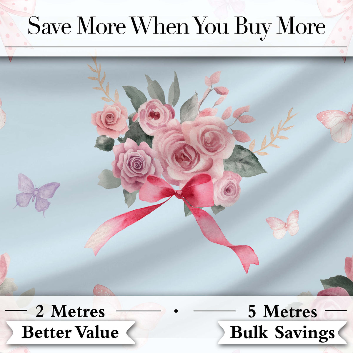 Elegant Watercolor Rose Bouquet Ribbon Butterfly Soft Blue Background  Pattern Digital Print Fabric by the Metre UK Sewing Quilting Textile
