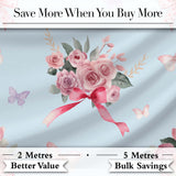 Elegant Watercolor Rose Bouquet Ribbon Butterfly Soft Blue Background  Pattern Digital Print Fabric by the Metre UK Sewing Quilting Textile