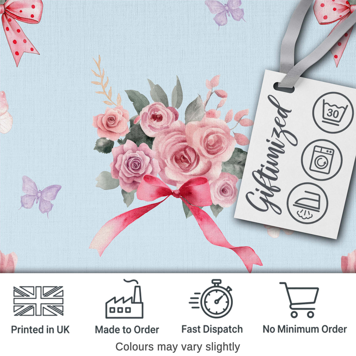 Elegant Watercolor Rose Bouquet Ribbon Butterfly Soft Blue Background  Pattern Digital Print Fabric by the Metre UK Sewing Quilting Textile