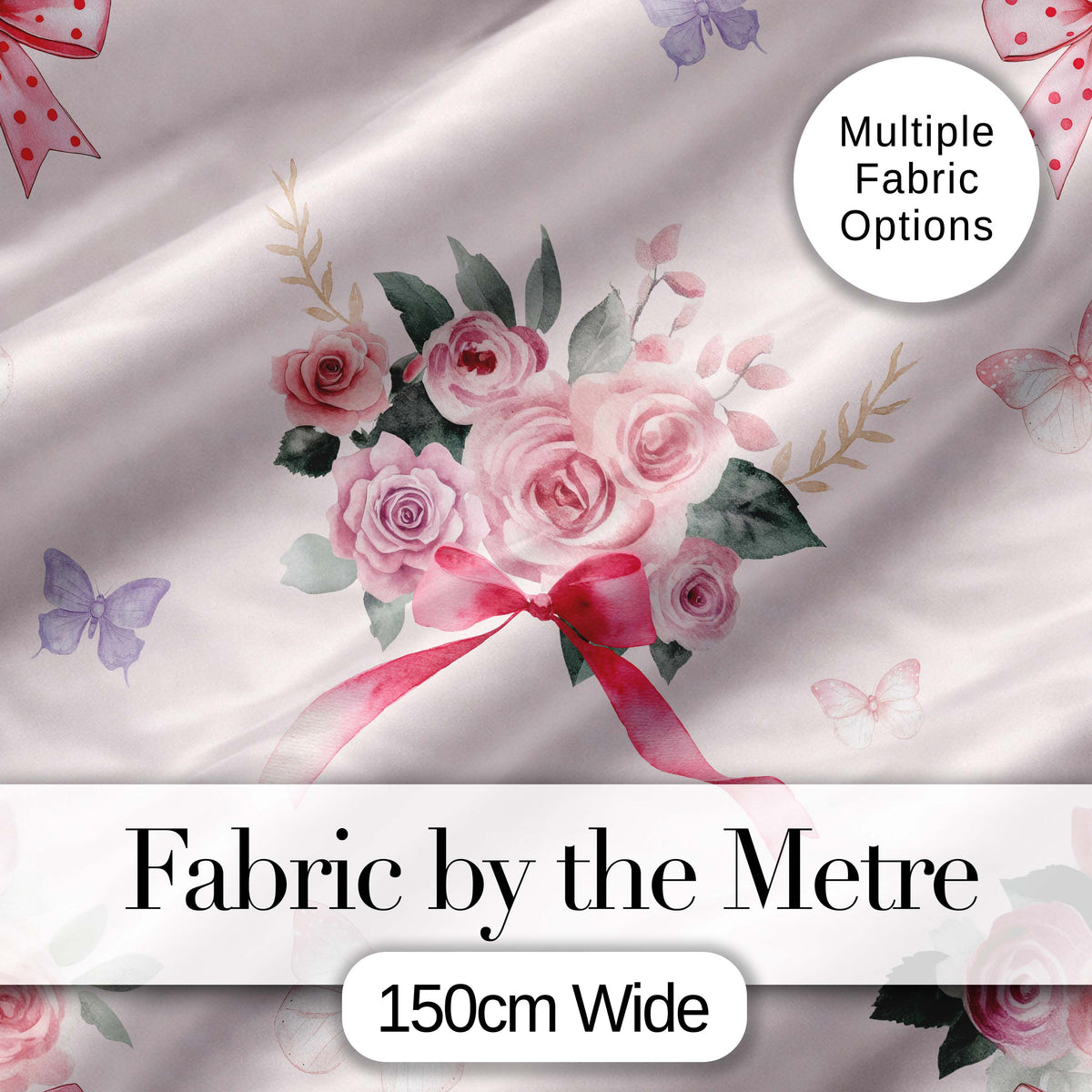 Elegant Watercolor Rose Bouquet Ribbon Butterfly Soft Beige Background  Pattern Digital Print Fabric by the Metre UK Sewing Quilting Textile