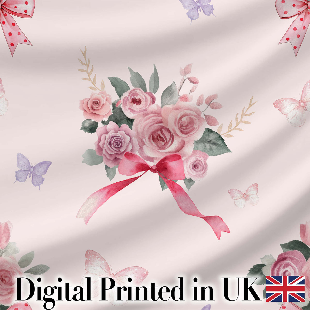 Elegant Watercolor Rose Bouquet Ribbon Butterfly Soft Beige Background  Pattern Digital Print Fabric by the Metre UK Sewing Quilting Textile