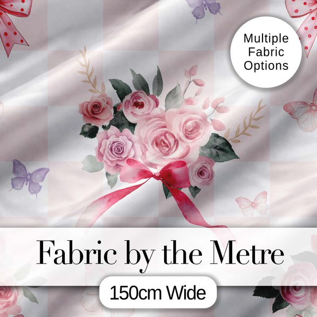 Elegant Watercolor Rose Bouquet Ribbon Butterfly Pastel Check Background   Digital Print Fabric by the Metre UK Sewing Quilting Textile