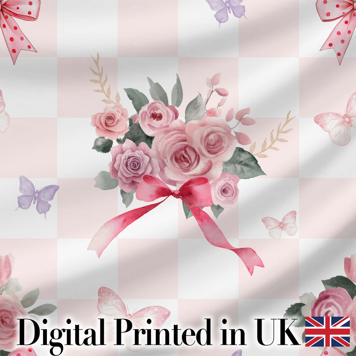 Elegant Watercolor Rose Bouquet Ribbon Butterfly Pastel Check Background   Digital Print Fabric by the Metre UK Sewing Quilting Textile