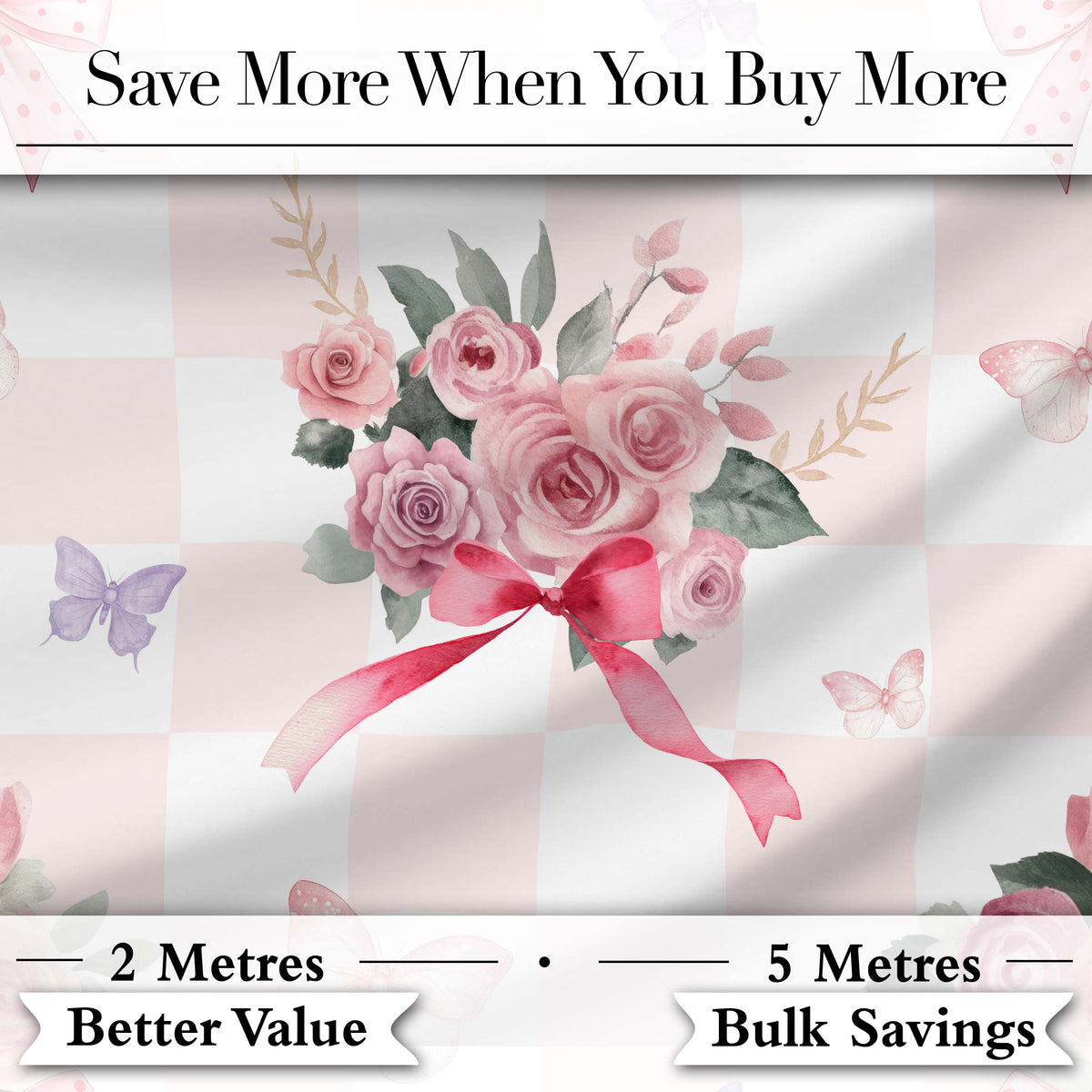 Elegant Watercolor Rose Bouquet Ribbon Butterfly Pastel Check Background   Digital Print Fabric by the Metre UK Sewing Quilting Textile