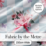 Elegant Watercolor Rose Bouquet Ribbon Butterfly Soft Blue Check Background   Digital Print Fabric by the Metre UK Sewing Quilting Textile