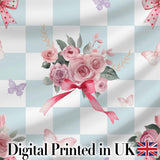 Elegant Watercolor Rose Bouquet Ribbon Butterfly Soft Blue Check Background   Digital Print Fabric by the Metre UK Sewing Quilting Textile