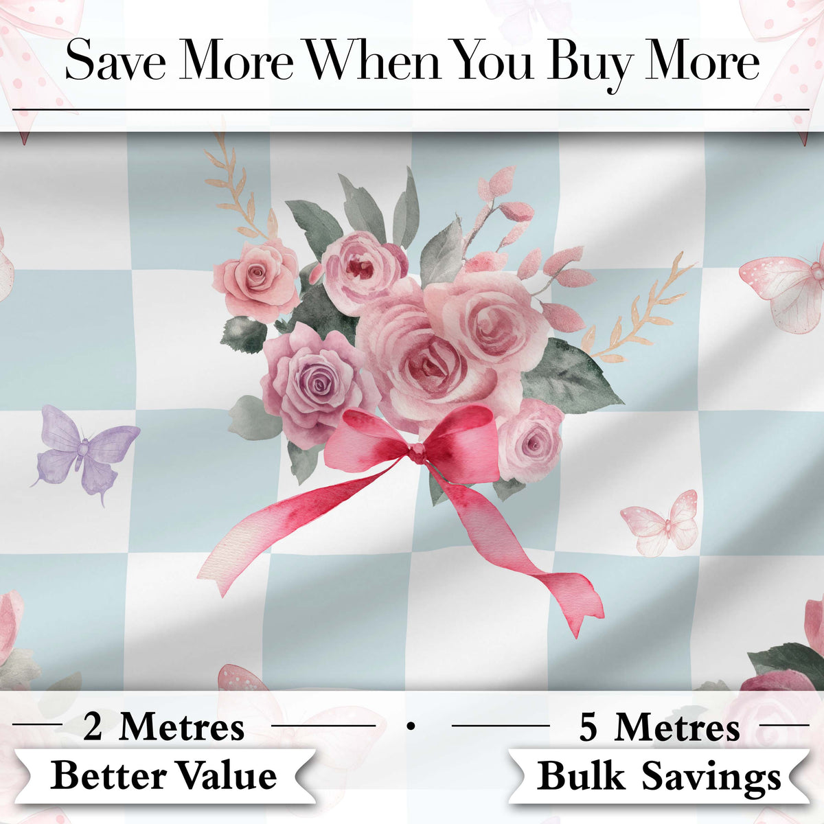 Elegant Watercolor Rose Bouquet Ribbon Butterfly Soft Blue Check Background   Digital Print Fabric by the Metre UK Sewing Quilting Textile