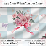 Elegant Watercolor Rose Bouquet Ribbon Butterfly Soft Blue Check Background   Digital Print Fabric by the Metre UK Sewing Quilting Textile