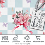Elegant Watercolor Rose Bouquet Ribbon Butterfly Soft Blue Check Background   Digital Print Fabric by the Metre UK Sewing Quilting Textile