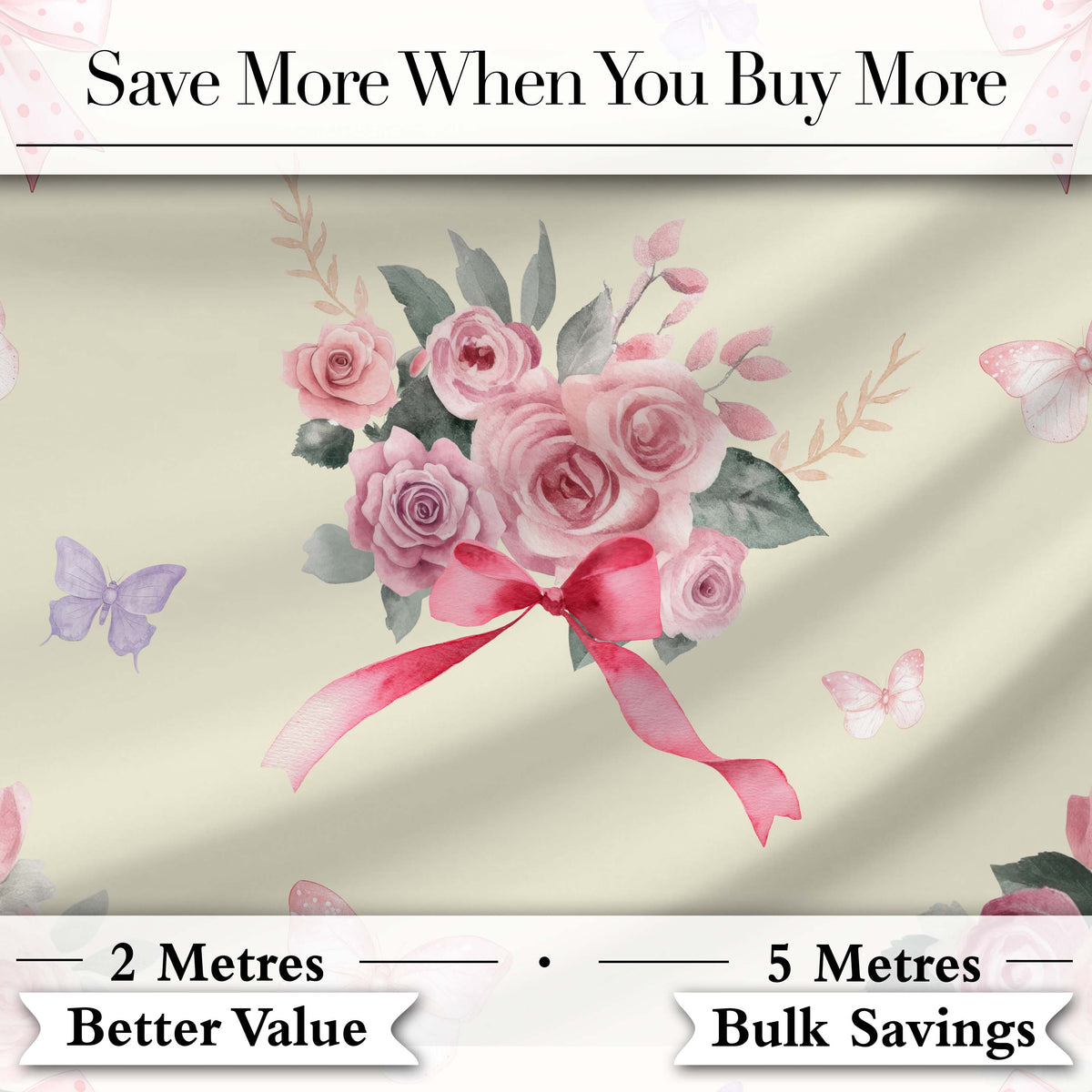 Elegant Watercolor Rose Bouquet Ribbon Butterfly Warm Cream Background  Pattern Digital Print Fabric by the Metre UK Sewing Quilting Textile