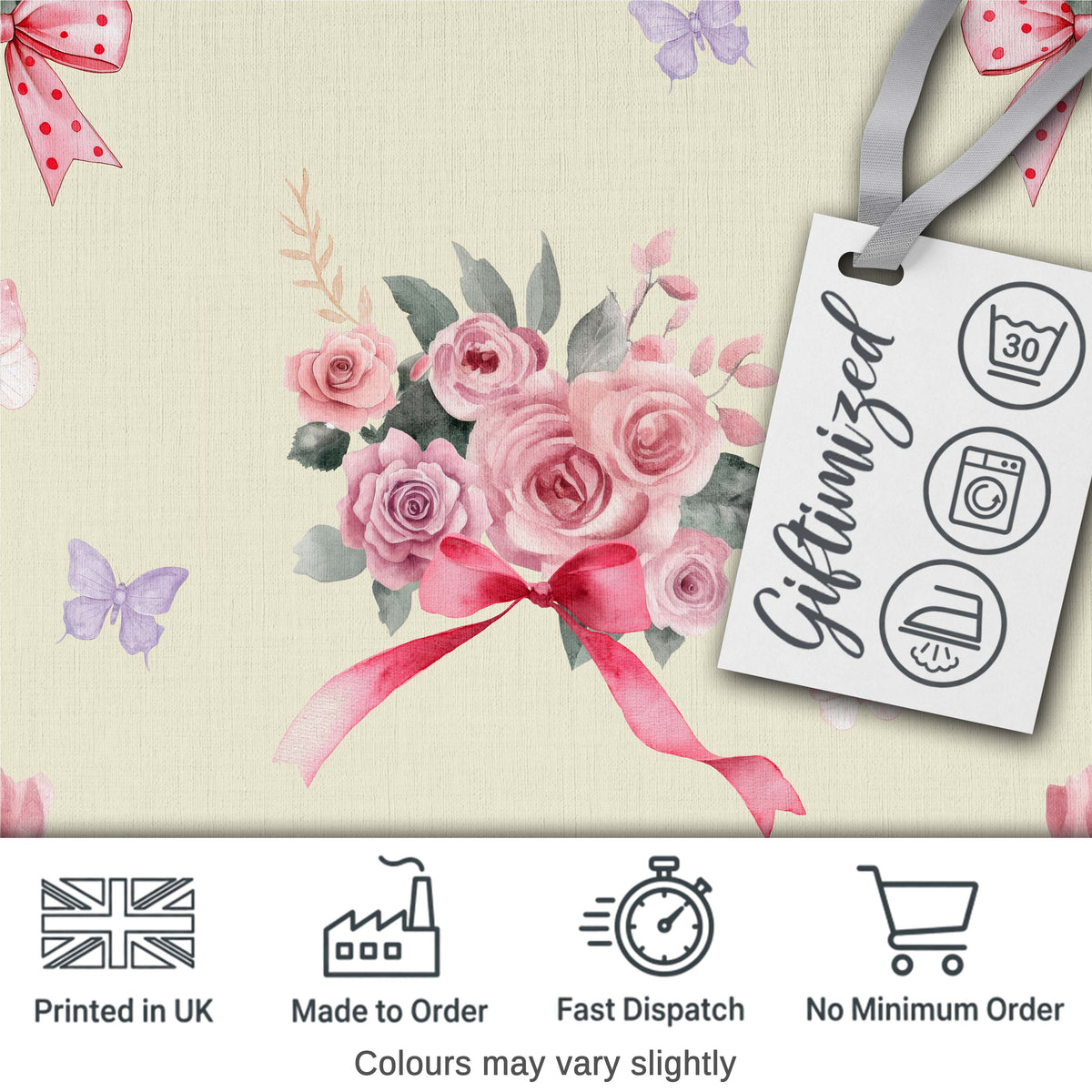 Elegant Watercolor Rose Bouquet Ribbon Butterfly Warm Cream Background  Pattern Digital Print Fabric by the Metre UK Sewing Quilting Textile