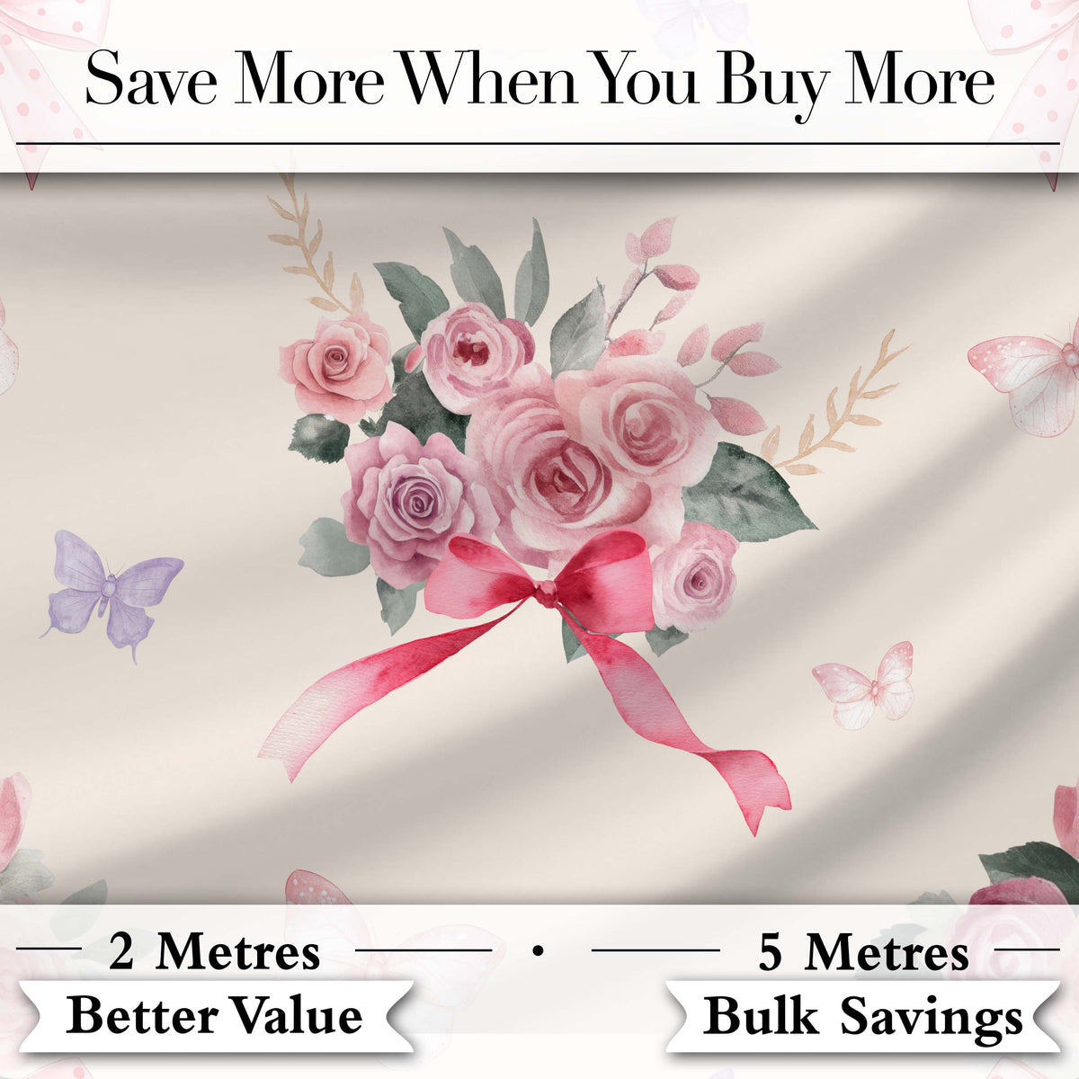 Elegant Watercolor Rose Bouquet Ribbon Butterfly Soft Neutral  Background   Digital Print Fabric by the Metre UK Sewing Quilting Textile