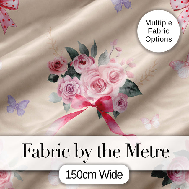 Elegant Watercolor Rose Bouquet Ribbon Butterfly Warm Beige Background  Pattern Digital Print Fabric by the Metre UK Sewing Quilting Textile