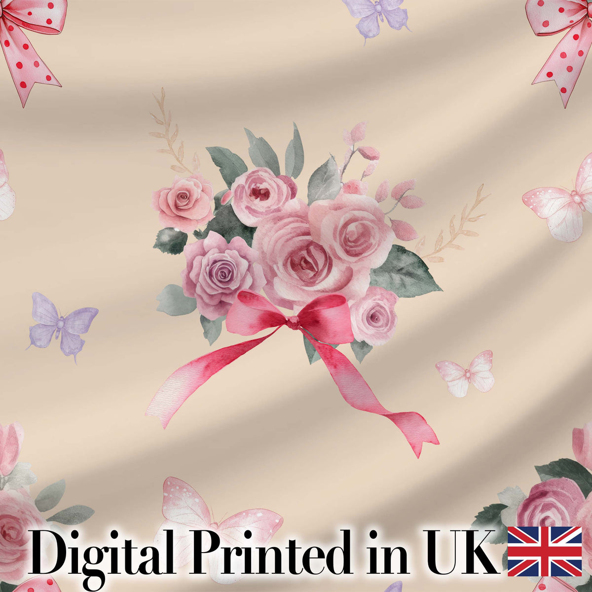 Elegant Watercolor Rose Bouquet Ribbon Butterfly Warm Beige Background  Pattern Digital Print Fabric by the Metre UK Sewing Quilting Textile