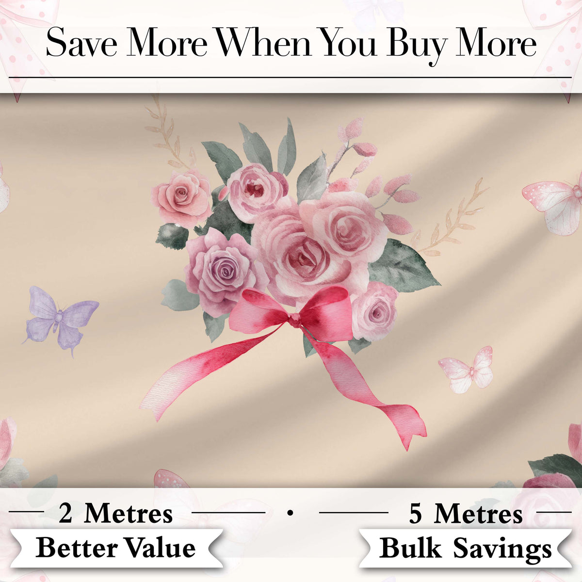 Elegant Watercolor Rose Bouquet Ribbon Butterfly Warm Beige Background  Pattern Digital Print Fabric by the Metre UK Sewing Quilting Textile