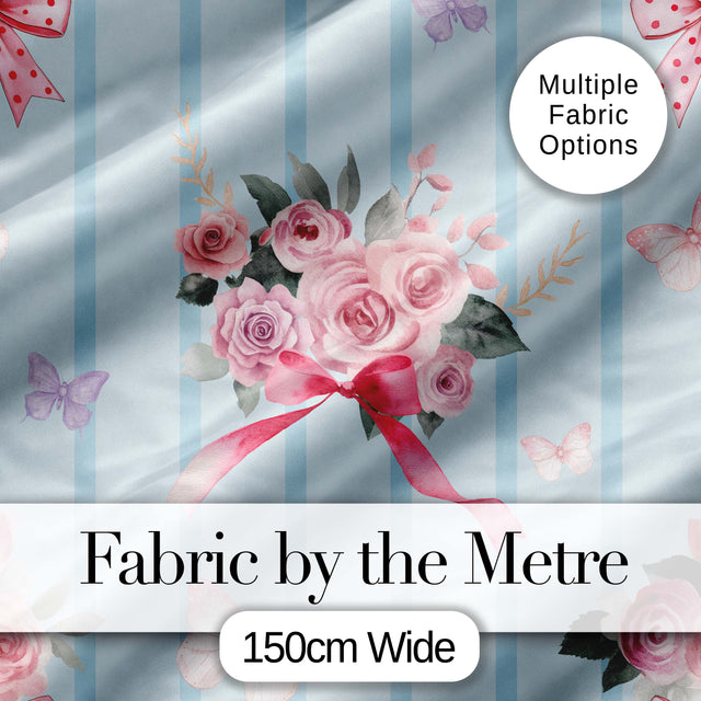 Elegant Watercolor Rose Bouquet Ribbon Butterfly Soft Blue Stripe Background   Digital Print Fabric by the Metre UK Sewing Quilting Textile