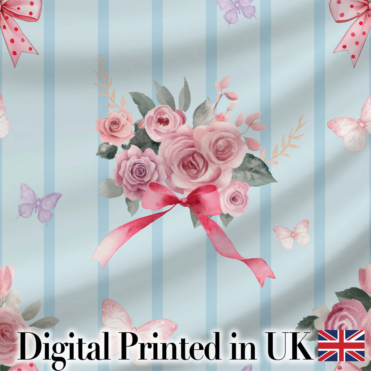 Elegant Watercolor Rose Bouquet Ribbon Butterfly Soft Blue Stripe Background   Digital Print Fabric by the Metre UK Sewing Quilting Textile