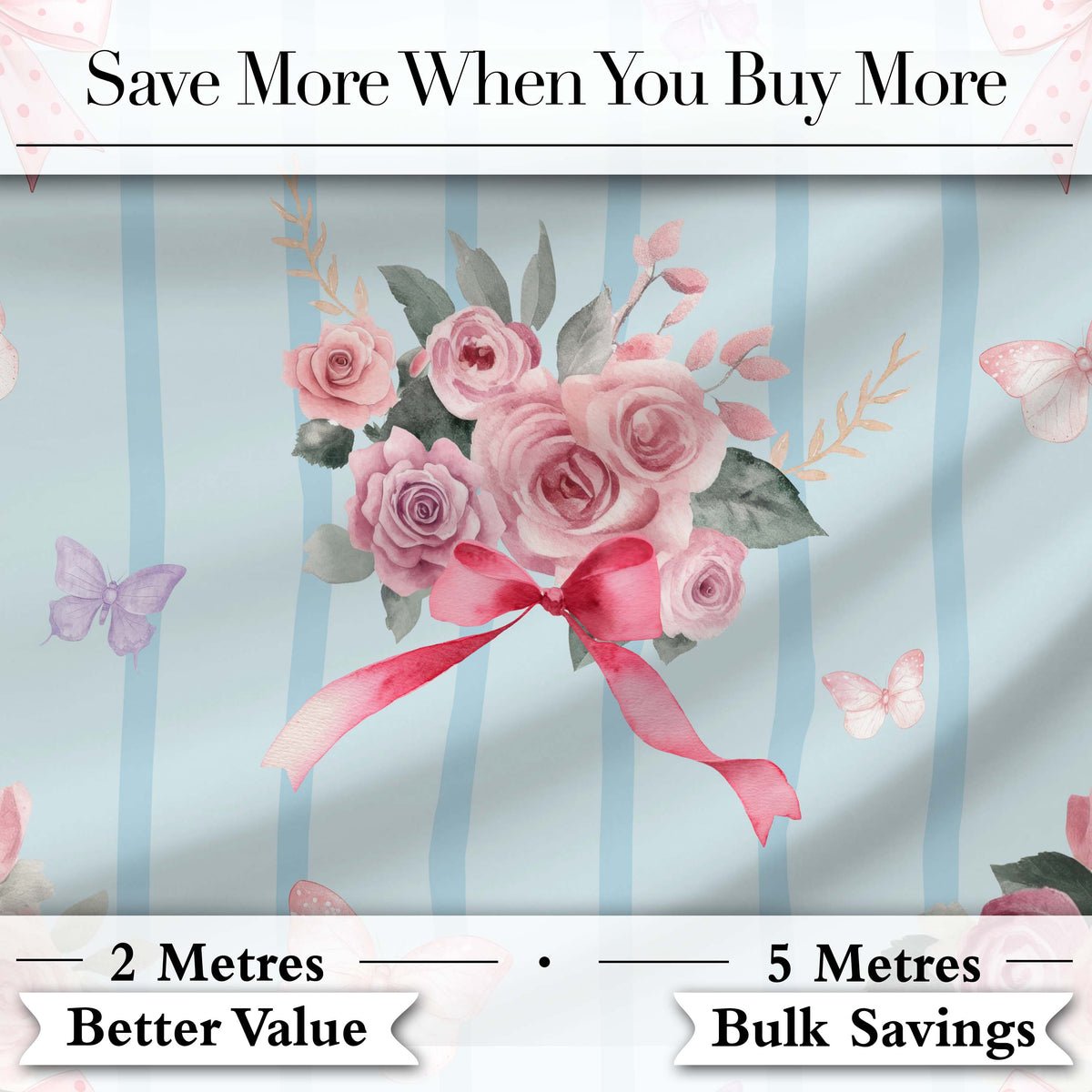 Elegant Watercolor Rose Bouquet Ribbon Butterfly Soft Blue Stripe Background   Digital Print Fabric by the Metre UK Sewing Quilting Textile
