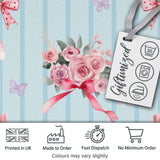 Elegant Watercolor Rose Bouquet Ribbon Butterfly Soft Blue Stripe Background   Digital Print Fabric by the Metre UK Sewing Quilting Textile