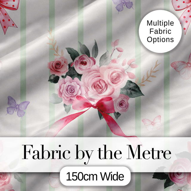 Elegant Watercolor Rose Bouquet Ribbon Butterfly Sage Stripe Background   Digital Print Fabric by the Metre UK Sewing Quilting Textile