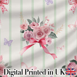 Elegant Watercolor Rose Bouquet Ribbon Butterfly Sage Stripe Background   Digital Print Fabric by the Metre UK Sewing Quilting Textile