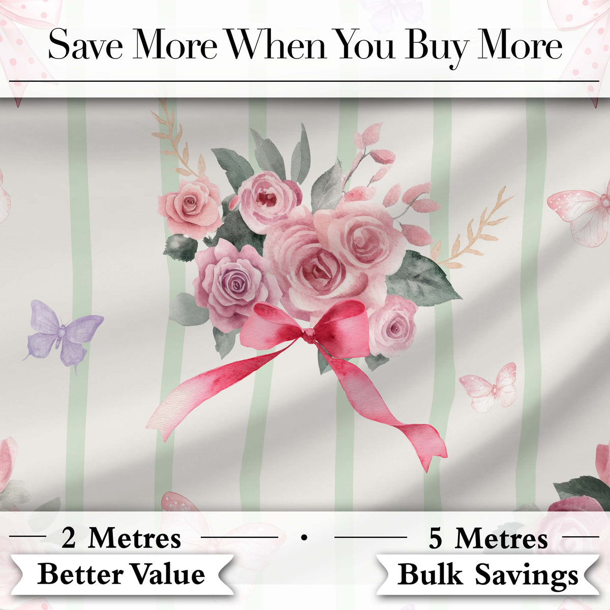 Elegant Watercolor Rose Bouquet Ribbon Butterfly Sage Stripe Background   Digital Print Fabric by the Metre UK Sewing Quilting Textile