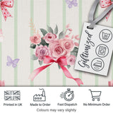 Elegant Watercolor Rose Bouquet Ribbon Butterfly Sage Stripe Background   Digital Print Fabric by the Metre UK Sewing Quilting Textile