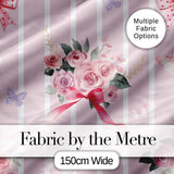 Elegant Watercolor Rose Bouquet Ribbon Butterfly Blush Stripe Background   Digital Print Fabric by the Metre UK Sewing Quilting Textile