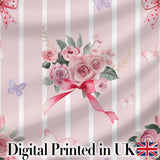 Elegant Watercolor Rose Bouquet Ribbon Butterfly Blush Stripe Background   Digital Print Fabric by the Metre UK Sewing Quilting Textile