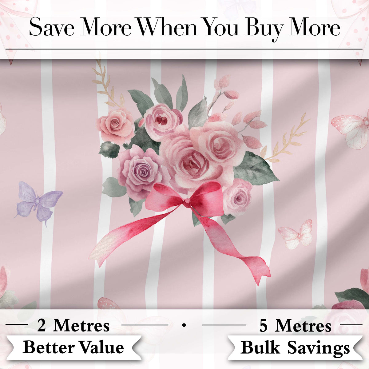 Elegant Watercolor Rose Bouquet Ribbon Butterfly Blush Stripe Background   Digital Print Fabric by the Metre UK Sewing Quilting Textile