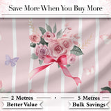 Elegant Watercolor Rose Bouquet Ribbon Butterfly Blush Stripe Background   Digital Print Fabric by the Metre UK Sewing Quilting Textile