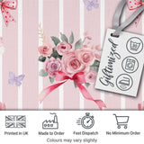 Elegant Watercolor Rose Bouquet Ribbon Butterfly Blush Stripe Background   Digital Print Fabric by the Metre UK Sewing Quilting Textile