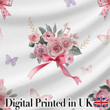 Elegant Watercolor Rose Bouquet Ribbon Butterfly Light Grey Background  Pattern Digital Print Fabric by the Metre UK Sewing Quilting Textile
